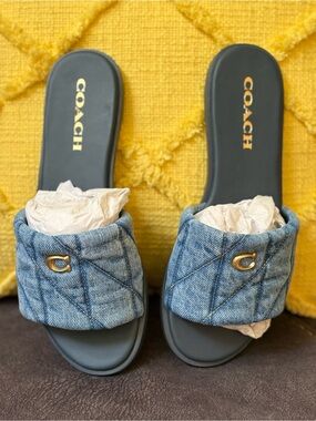 COACH women’s Holly Quilted Denim Slide Sandals